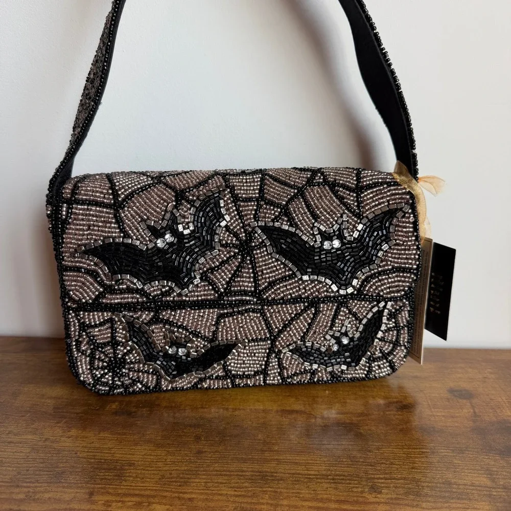 New From India To You Viral Beaded Bat Shoulder Handbag Spooky Halloween Black